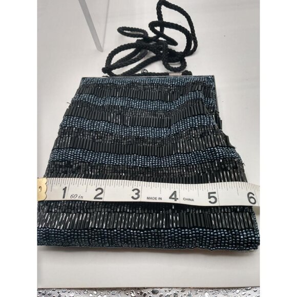 Vintage Lancome Black Beaded Evening Bag With Rope Strap 6" x 6" - Picture 5 of 7